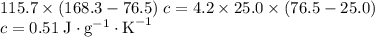 115.7 \times (168.3 - 76.5) \; c = 4.2 \times 25.0 \times (76.5 - 25.0) \\c = 0.51 \; \text{J} \cdot \text{g}^{-1} \cdot \text{K}^{-1}