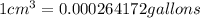 1 cm^3=0.000264172 gallons