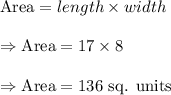 \text{Area}=length\times width\\\\\Rightarrow\text{Area}=17\times8\\\\\Rightarrow\text{Area}=136\text{ sq. units}