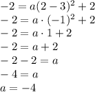 -2=a(2-3)^2+2\\ -2=a\cdot(-1)^2+2\\ -2=a\cdot1+2\\ -2=a+2\\ -2-2=a\\ -4=a\\ a=-4