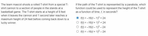 Need answer fast!  the team mascot shoots a rolled t-shirt from a special t-shirt cannon to a sectio