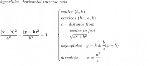 \bf \textit{hyperbolas, horizontal traverse axis } \\\\ \cfrac{(x- h)^2}{ a^2}-\cfrac{(y- k)^2}{ b^2}=1 \qquad \begin{cases} center\ ( h, k)\\ vertices\ ( h\pm a, k)\\ c=\textit{distance from}\\ \qquad \textit{center to foci}\\ \qquad \sqrt{ a ^2 + b ^2}\\ \textit{asymptotes}\quad y= k\pm \cfrac{b}{a}(x- h)\\[0.8em] directrix\qquad x=\cfrac{a^2}{c} \end{cases} \\\\[-0.35em] \rule{34em}{0.25pt}