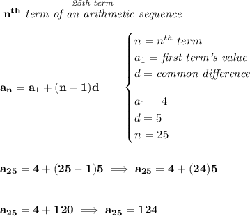 \bf \stackrel{\textit{25th term}}{n^{th}\textit{ term of an arithmetic sequence}} \\\\ a_n=a_1+(n-1)d\qquad \begin{cases} n=n^{th}\ term\\ a_1=\textit{first term's value}\\ d=\textit{common difference}\\[-0.5em] \hrulefill\\ a_1=4\\ d=5\\ n=25 \end{cases} \\\\\\ a_{25}=4+(25-1)5\implies a_{25}=4+(24)5 \\\\\\ a_{25}=4+120\implies a_{25}=124