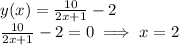 y(x)=\frac{10}{2x+1}-2\\\frac{10}{2x+1}-2=0\implies x=2