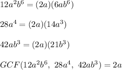 12a^2b^6=(2a)(6ab^6)\\\\28a^4=(2a)(14a^3)\\\\42ab^3=(2a)(21b^3)\\\\GCF(12a^2b^6,\ 28a^4,\ 42ab^3)=2a