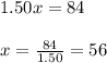 1.50x=84\\ \\ x=\frac{84}{1.50}=56