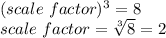 (scale\ factor)^{3}=8 \\ scale\ factor=\sqrt[3]{8}=2