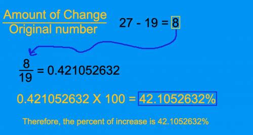 If 19 is increased to 27, the increase is what percent of the original number?  (this is known as th