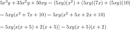5x^3y+35x^2y+50xy=(5xy)(x^2)+(5xy)(7x)+(5xy)(10)\\\\=5xy(x^2+7x+10)=5xy(x^2+5x+2x+10)\\\\=5xy[x(x+5)+2(x+5)]=5xy(x+5)(x+2)