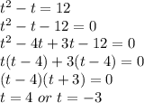 t^2-t=12\\&#10;t^2-t-12=0\\&#10;t^2-4t+3t-12=0\\&#10;t(t-4)+3(t-4)=0\\&#10;(t-4)(t+3)=0\\&#10;t=4\ or\ t=-3&#10;