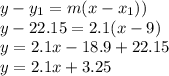 y-y_{1}=m(x-x_{1}))\\y-22.15=2.1(x-9)\\y=2.1x-18.9+22.15\\y=2.1x+3.25