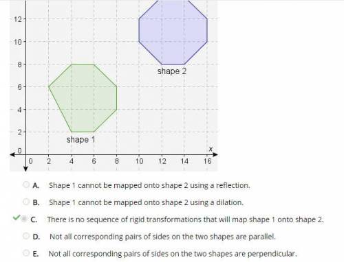 Which sentence best explains why shape 1 and shape 2 are not congruent?   a. shape 1 cannot be mappe