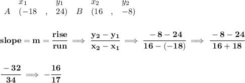 \bf \begin{array}{lllll}&#10;&x_1&y_1&x_2&y_2\\&#10;%   (a,b)&#10;A&({{ -18}}\quad ,&{{ 24}})\quad &#10;%   (c,d)&#10;B&({{ 16}}\quad ,&{{ -8}})&#10;\end{array}&#10;\\\\\\&#10;% slope  = m&#10;slope = {{ m}}= \cfrac{rise}{run} \implies &#10;\cfrac{{{ y_2}}-{{ y_1}}}{{{ x_2}}-{{ x_1}}}\implies \cfrac{-8-24}{16-(-18)}\implies \cfrac{-8-24}{16+18}&#10;\\\\\\&#10;\cfrac{-32}{34}\implies -\cfrac{16}{17}