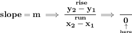 \bf slope = m\implies \cfrac{\stackrel{rise}{ y_2- y_1}}{\stackrel{run}{ x_2- x_1}}\implies \cfrac{}{\underset{\underset{here}{\uparrow}}{0}}