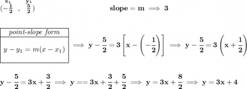 \bf (\stackrel{x_1}{-\frac{1}{2}}~,~\stackrel{y_1}{\frac{5}{2}})~\hspace{10em} slope = m\implies 3 \\\\\\ \begin{array}{|c|ll} \cline{1-1} \textit{point-slope form}\\ \cline{1-1} \\ y-y_1=m(x-x_1) \\\\ \cline{1-1} \end{array}\implies y-\cfrac{5}{2}=3\left[ x-\left(-\cfrac{1}{2} \right) \right]\implies y-\cfrac{5}{2}=3\left( x+\cfrac{1}{2} \right) \\\\\\ y-\cfrac{5}{2}=3x+\cfrac{3}{2}\implies y==3x+\cfrac{3}{2}+\cfrac{5}{2}\implies y=3x+\cfrac{8}{2}\implies y=3x+4