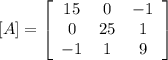 [A]=  \left[\begin{array}{ccc}15&0&-1\\0&25&1\\-1&1&9\end{array}\right]