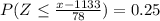 P(Z \leq \frac{x-1133}{78})=0.25