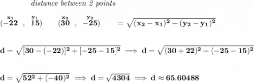 \bf ~~~~~~~~~~~~\textit{distance between 2 points}\\\\(\stackrel{x_1}{-22}~,~\stackrel{y_1}{15})\qquad(\stackrel{x_2}{30}~,~\stackrel{y_2}{-25})\qquad \qquadd = \sqrt{( x_2- x_1)^2 + ( y_2- y_1)^2}\\\\\\d=\sqrt{[30-(-22)]^2+[-25-15]^2}\implies d=\sqrt{(30+22)^2+(-25-15)^2}\\\\\\d=\sqrt{52^2+(-40)^2}\implies d=\sqrt{4304}\implies d\approx 65.60488