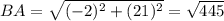 BA= \sqrt{(-2)^2+(21)^2}= \sqrt{445}