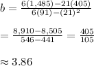 b= \frac{6(1,485)-21(405)}{6(91)-(21)^2} \\  \\ = \frac{8,910-8,505}{546-441} = \frac{405}{105}  \\  \\ \approx3.86
