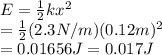 E=\frac{1}{2} kx^2\\ =\frac{1}{2}(2.3 N/m)(0.12 m)^2\\ =0.01656 J=0.017 J