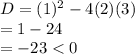 D = (1)^2 - 4(2)(3)\\  \ \   = 1- 24\\ \ \ = -23