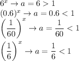 6^x\to a=6  1\\(0.6)^x\to a=0.6 < 1\\\left(\dfrac{1}{60}\right)^x\to a=\dfrac{1}{60} < 1\\\\\left(\dfrac{1}{6}\right)^x\to a=\dfrac{1}{6} < 1