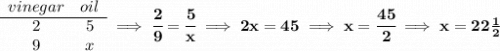 \bf \begin{array}{ccll} vinegar&oil\\ \cline{1-2} 2&5\\ 9&x \end{array}\implies \cfrac{2}{9}=\cfrac{5}{x}\implies 2x=45\implies x=\cfrac{45}{2}\implies x=22\frac{1}{2}