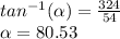 tan^{-1}(\alpha)=\frac{324}{54}\\\alpha=80.53