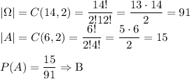 |\Omega|=C(14,2)=\dfrac{14!}{2!12!}=\dfrac{13\cdot14}{2}=91\\|A|=C(6,2)=\dfrac{6!}{2!4!}=\dfrac{5\cdot6}{2}=15\\\\P(A)=\dfrac{15}{91}\Rightarrow \text{B}