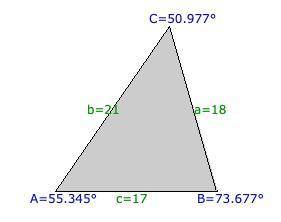 Triangle abc has these side measurements:  ab = 17 bc = 18 ac = 21 order the angles of the triangle