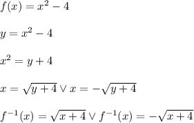 f(x)=x^2-4\\\\y=x^2-4\\\\x^2=y+4\\\\x=\sqrt{y+4} \vee x=-\sqrt{y+4}\\\\f^{-1}(x)=\sqrt{x+4}\vee f^{-1}(x)=-\sqrt{x+4}