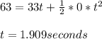 63= 33t+\frac{1}{2} *0*t^2\\ \\ t=1.909seconds