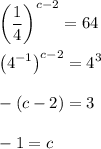 \displaystyle\left(\frac{1}{4}\right)^{c-2}=64\\\\\left(4^{-1}\right)^{c-2}=4^{3}\\\\-(c-2)=3\\\\-1=c
