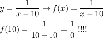 y=\dfrac{1}{x-10}\to f(x)=\dfrac{1}{x-10}\\\\f(10)=\dfrac{1}{10-10}=\dfrac{1}{0}\