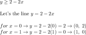 y\geq2-2x\\\\\text{Let's the line}\ y=2-2x\\\\for\ x=0\to y=2-2(0)=2\to(0,\ 2)\\for\ x=1\to y=2-2(1)=0\to(1,\ 0)