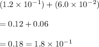 (1.2\times 10^-^1)+(6.0\times 10^-^2)\\ \\ =0.12+0.06\\ \\ =0.18 = 1.8\times 10^-^1