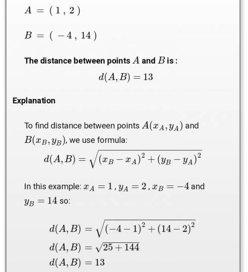 Determine the distance between 1,2 and -4,14