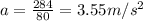 a = \frac{284}{80} =3.55 m/s^{2}