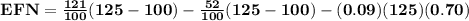 \mathbf{EFN = \frac{121}{100}(125 - 100) - \frac{52}{100}(125 - 100) - (0.09)(125)(0.70)}