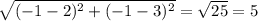 \sqrt{(-1-2)^2+(-1-3)^2} =\sqrt{25} = 5