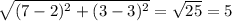 \sqrt{(7-2)^2+(3-3)^2} =\sqrt{25} = 5