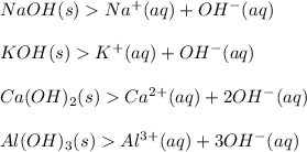 NaOH(s)Na^+ (aq) + OH^- (aq)\\\\KOH(s)K^+ (aq) +OH^- (aq)\\\\Ca(OH)_2 (s)Ca^{2+} (aq)+2OH^-(aq)\\\\Al(OH)_3 (s) Al^{3+}(aq)+ 3OH^- (aq)