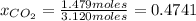 x_{CO_{2} } =\frac{1.479 moles}{3.120 moles} =0.4741