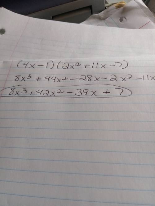 What is the product of:  ( 4x - 1 )( 2x^2 + 11x - 7 )