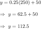 y=0.25(250)+50\\\\\Rightarrow\ y=62.5+50\\\\\Rightarrow\ y=112.5