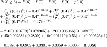 P(X\geq6)=P(6)+P(7)+P(8)+P(9)+p(10) \\  \\ =\left(^{10}_{\,6}\right)(0.47)^6(1-0.47)^{10-6}+\left(^{10}_{\,7}\right)(0.47)^7(1-0.47)^{10-7} \\ +\left(^{10}_{\,8}\right)(0.47)^8(1-0.47)^{10-8}+\left(^{10}_{\,9}\right)(0.47)^9(1-0.47)^{10-9} \\ +\left(^{10}_{10}\right)(0.47)^{10}(1-0.47)^{10-10} \\ \\ =210(0.010779)(0.078905)+120(0.005066)(0.148877) \\ +45(0.002381)(0.2809)+10(0.001119)(0.53)+1(0.000526)(1) \\  \\ =0.1786+0.0905+0.0301+0.0059+0.0005=\bold{0.3056}