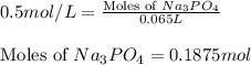 0.5mol/L=\frac{\text{Moles of }Na_3PO_4}{0.065L}\\\\\text{Moles of }Na_3PO_4=0.1875mol