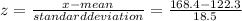 z=\frac{x-mean}{standard deviation} = \frac{168.4-122.3}{18.5}