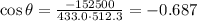 \cos \theta = \frac{-152500}{433.0 \cdot 512.3}=-0.687